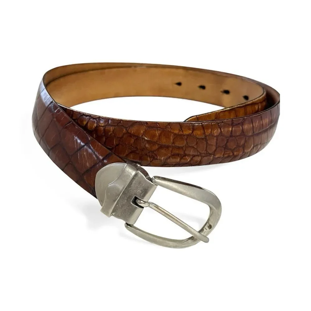 Novia Collection Croc Pattern Textured Leather Belt with Silver Buckle Brown 36